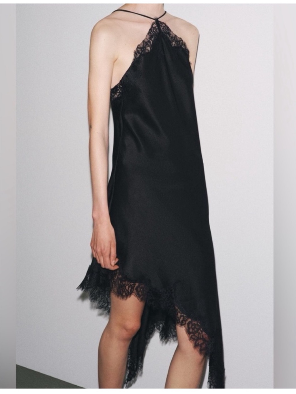 Zara Black Lace-Trim Midi Slip Dress
